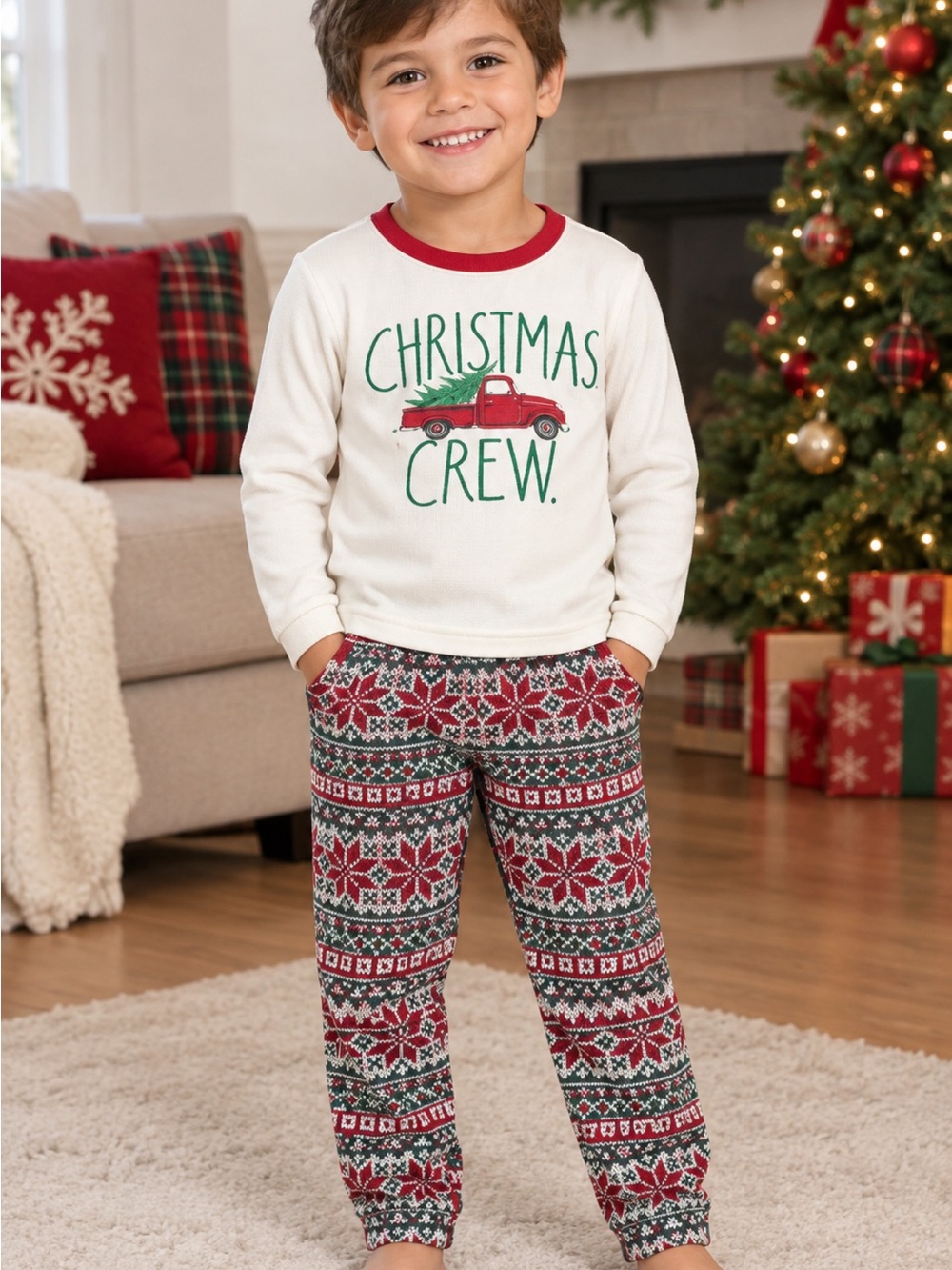 Rae Dunn White Kids Christmas Crew PJ Top with Red & Green Accents, 2T .